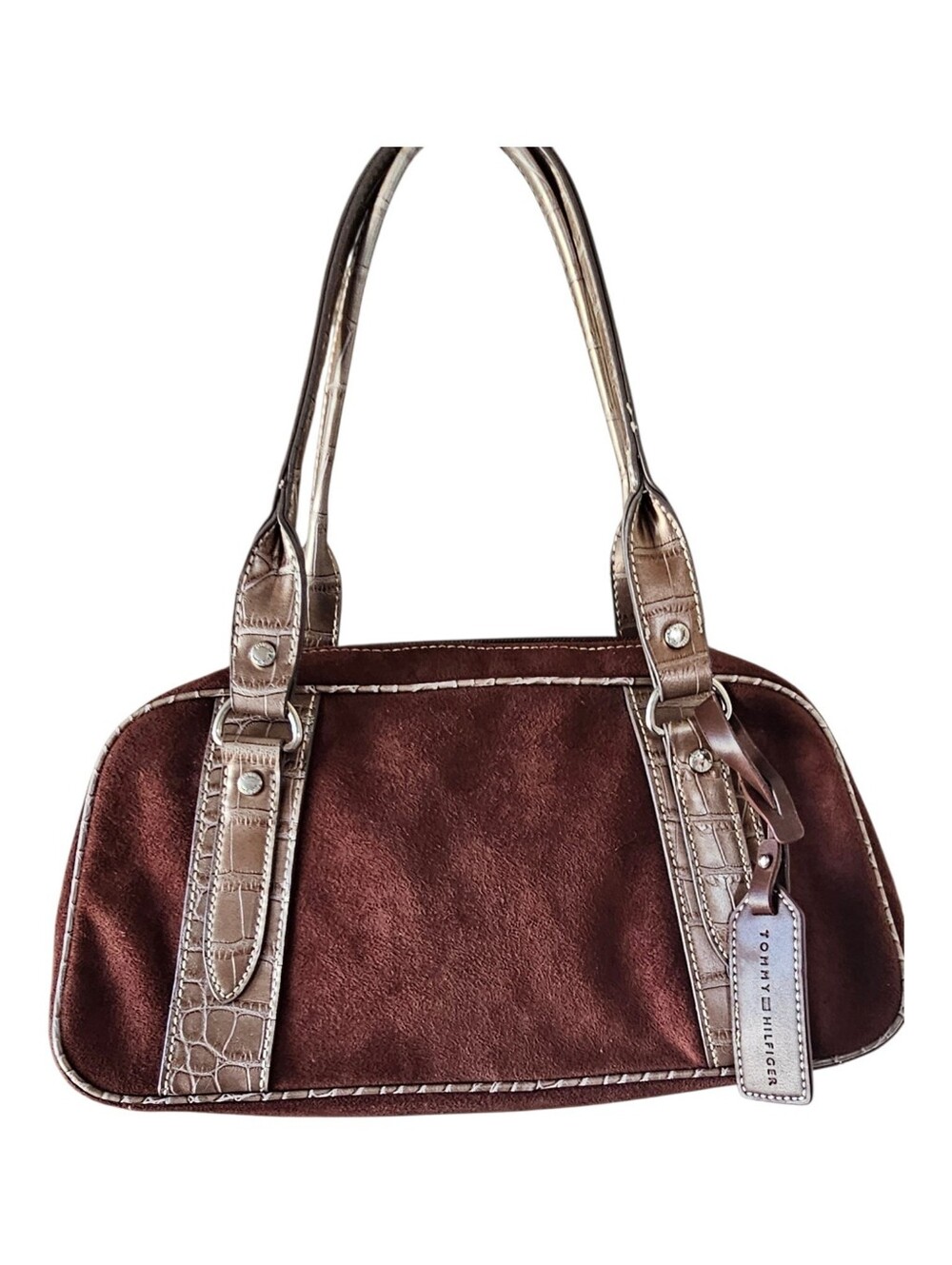 Vintage Tommy Hilfiger Brown Suede Shoulder Bag Croc Leather Trim Y2K Baguette